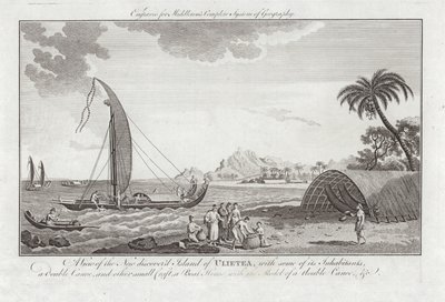 Uma vista da nova ilha descoberta de Ulieta com alguns dos habitantes de Sydney Parkinson