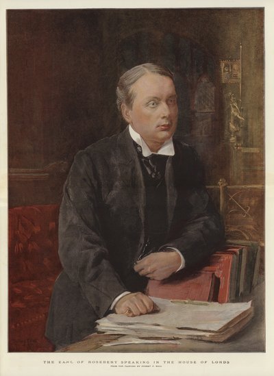 O Conde de Rosebery falando na Casa dos Lordes (cor litho) de Sydney Prior (after) Hall