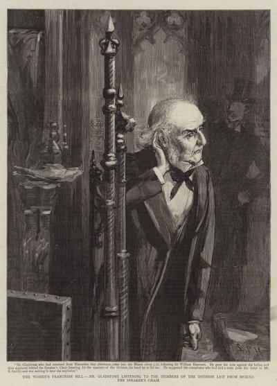 A Lei da Franquia Feminina, Sr. Gladstone ouvindo os Números da Lista da Divisão por trás da Cadeira do Orador (gravura) de Sydney Prior (after) Hall
