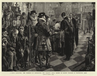 A Royal Almsgiving, a cerimônia de distribuição do Royal Maundy de Sua Majestade na Quinta-feira Santa na Abadia de Westminster de Sydney Prior Hall