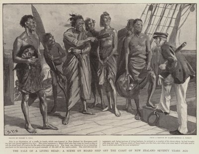 Uma venda de uma cabeça viva, uma cena a bordo do navio ao largo da costa da Nova Zelândia há setenta anos de Sydney Prior Hall
