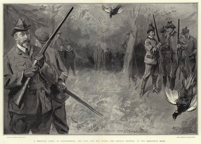Uma festa de tiro em Sandringham, o rei e seus convidados, o imperador alemão, na Horseshoe Drive de Sydney Prior Hall