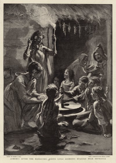 Armênia após os massacres, garotas Yoruk moendo Bulgoor perto de Devrishia de Sydney Prior Hall