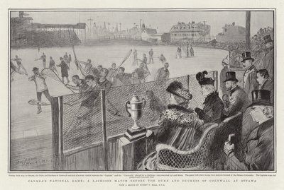 Jogo nacional do Canadá, um jogo de lacrosse antes do duque e da duquesa de Cornwall em Ottawa de Sydney Prior Hall