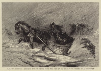 Esboços canadenses, cruzando a ponte de gelo da ilha de St. Orleans para Quebec em uma tempestade de neve de Sydney Prior Hall