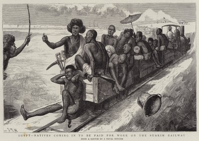 Egito, nativos chegando para serem pagos pelo trabalho na estrada de ferro de Suakim de Sydney Prior Hall