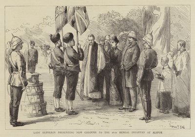Lady Dufferin apresentando novas cores para a 18ª infantaria de Bengala em Alipur de Sydney Prior Hall