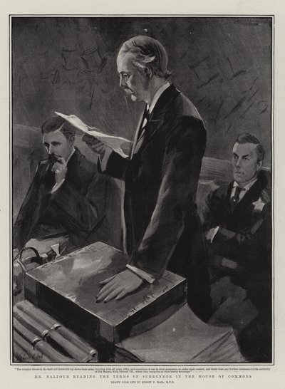 Sr. Balfour lendo os Termos de Entrega na Câmara dos Comuns de Sydney Prior Hall