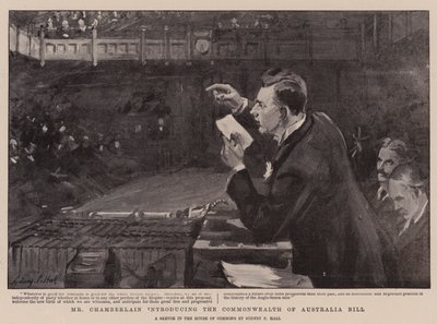 Sr. Chamberlain apresentando o projeto Commonwealth of Australia de Sydney Prior Hall