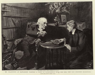 Sr. Gladstone no Hawarden, jogando um jogo de gamão com seu filho, o reverendo Stephen Gladstone de Sydney Prior Hall