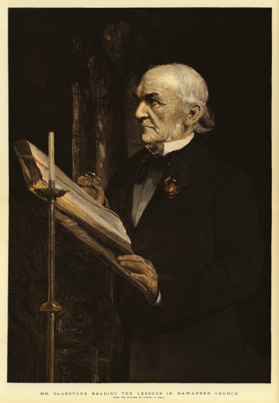 Sr. Gladstone lendo as lições na Igreja Hawarden de Sydney Prior Hall