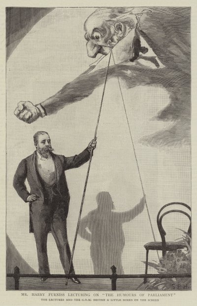 Sr. Harry Furniss dando palestras sobre os humores do Parlamento de Sydney Prior Hall