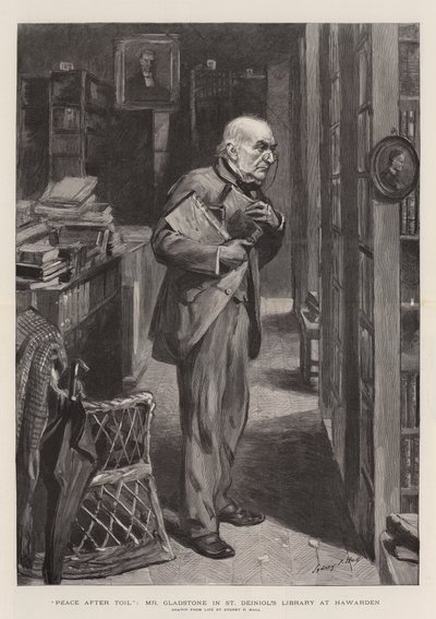 Paz após Toil, Sr. Gladstone na biblioteca de St Deiniol em Hawarden de Sydney Prior Hall