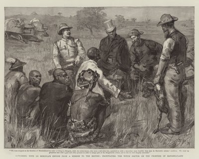 Retornando com os Enviados de Lo Bengula de uma missão para os britânicos, propiciando o Witch Doctor na Fronteira de Matabeleland de Sydney Prior Hall