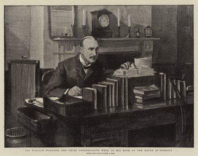 Sir William Walrond, o chefe dos chicotes conservadores, em sua sala na Câmara dos Comuns de Sydney Prior Hall