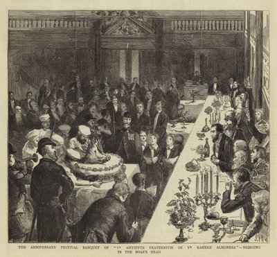 Banquete de Ye Antiente Fraternitie de Ye Rahere Almoners, trazendo a cabeça do Javali de Sydney Prior Hall