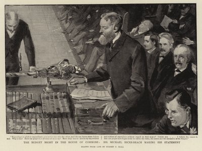 A noite do orçamento na Câmara dos Comuns, Sir Michael Hicks-Beach, fazendo sua declaração de Sydney Prior Hall
