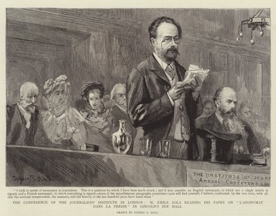 A Conferência do Instituto dos Jornalistas em Londres, M Emile Zola, lendo seu artigo sobre L&39;Anonymant na Presse em Lincoln&39;s Inn Hall de Sydney Prior Hall