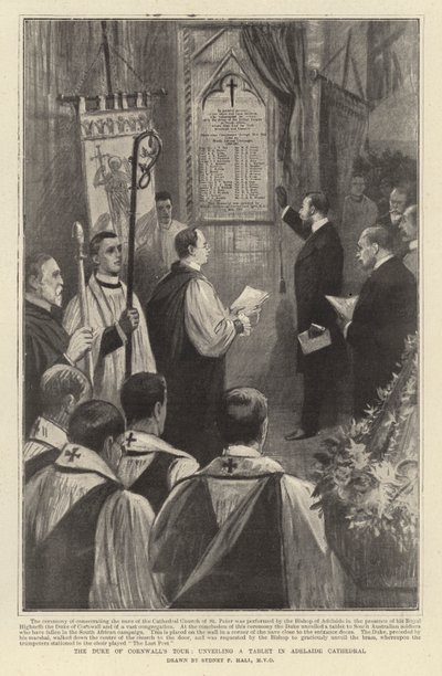 Turnê do duque de Cornwall, revelando um tablet na Catedral de Adelaide de Sydney Prior Hall