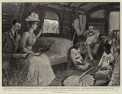 A turnê do Duque de Cornwall, um esboço na carruagem do Royal Saloon na ferrovia de Colombo para Kandy de Sydney Prior Hall