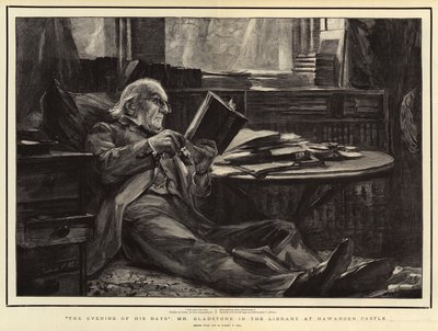 A noite de seus dias, o Sr. Gladstone na biblioteca no Castelo de Hawarden de Sydney Prior Hall
