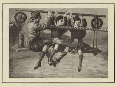 A primeira viagem, o príncipe Albert Victor e o príncipe George de Gales, cruzando o Dee em um berço em Abergeldie 1876 de Sydney Prior Hall