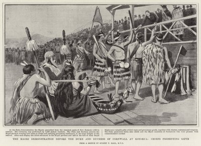 A demonstração Maori antes do duque e da duquesa de Cornwall em Rotorua, chefes apresentando presentes de Sydney Prior Hall