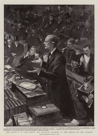 A Reunião do Parlamento, Sr. Balfour falando no Debate sobre o Endereço de Sydney Prior Hall