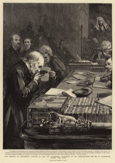 Abertura do Parlamento, 31 de janeiro de 1893, Gladstone, apoiado por Marjoribanks e H Gladstone, prestando juramento de Sydney Prior Hall
