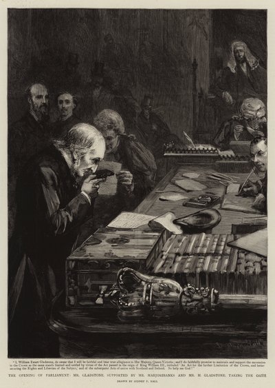 Abertura do Parlamento, Gladstone, apoiada por Marjoribanks e H Gladstone, prestando juramento de Sydney Prior Hall