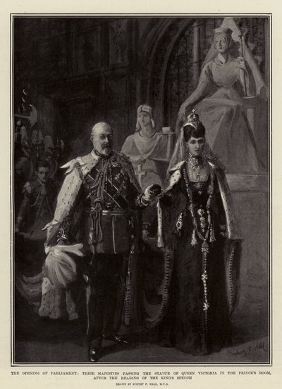 A Abertura do Parlamento, Suas Majestades passando a Estátua da Rainha Vitória na Sala do Príncipe, após a Leitura do Discurso do Rei de Sydney Prior Hall