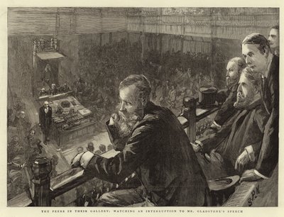 Os colegas em sua galeria, observando uma interrupção no discurso do Sr. Gladstone de Sydney Prior Hall