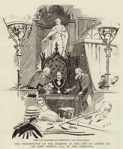 A Apresentação da Liberdade da Cidade de Londres a Sir John Gilbert, RA, no Guildhall de Sydney Prior Hall
