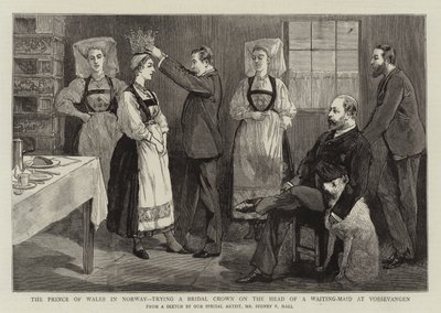 O Príncipe de Gales na Noruega, tentando uma coroa nupcial na cabeça de uma empregada de mesa em Vossevangen de Sydney Prior Hall