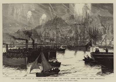 O Príncipe de Gales, na Suécia, o retorno dos iates após a regata perto de Estocolmo de Sydney Prior Hall