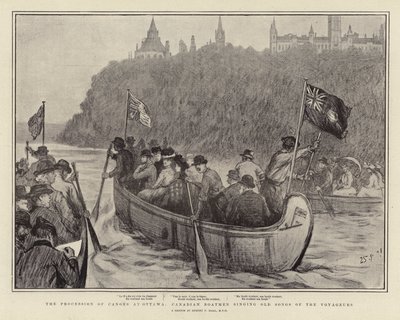 A procissão de canoas em Ottawa, barqueiros canadenses cantando velhas canções dos Voyageurs de Sydney Prior Hall