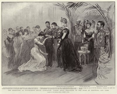 A recepção na casa do governo, Gibraltar, senhoras que estão sendo apresentadas ao duque de Cornualha e York de Sydney Prior Hall