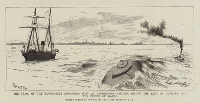 O Julgamento do Barco Submarino Nordenfelt em Landskrona, Suécia, perante o Rei da Dinamarca e o Príncipe de Gales de Sydney Prior Hall