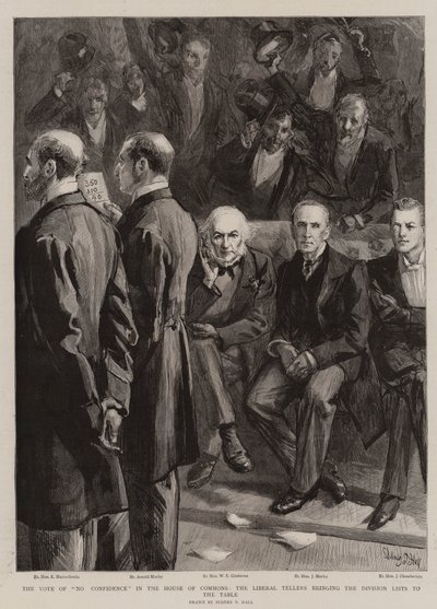 O Voto da Não-Confiança na Câmara dos Comuns, os Contadores Liberais trazendo as Listas da Divisão para a Mesa de Sydney Prior Hall