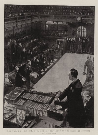 A guerra, Chamberlain fazendo sua declaração na Câmara dos Comuns de Sydney Prior Hall