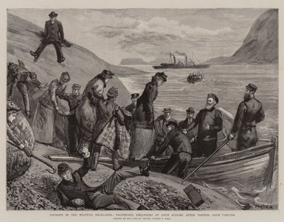 Turistas nas terras altas ocidentais, passageiros que embarcam em Loch Scavaig após ter visitado Loch Coruisk de Sydney Prior Hall
