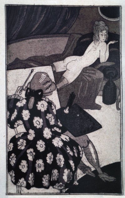 Erotismo: Giacomo Casanova (1725-1798) retratando a sua amante alongada languidamente nua num sofá (gravura) de Sylvain Sauvage