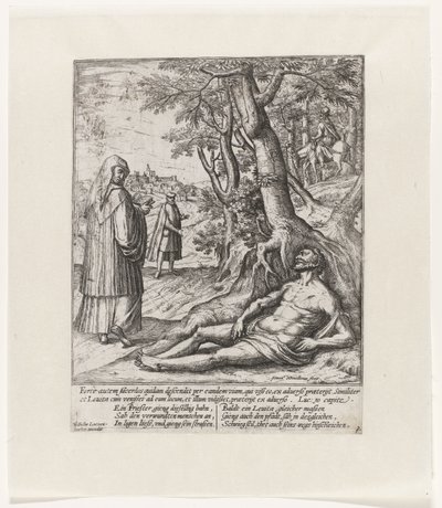 Um padre e um levita passam e deixam o viajante ferido deitado
Parábola do Bom Samaritano (título da série) de Symon Novelanus