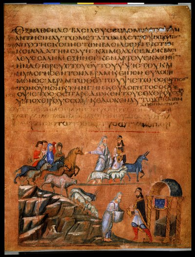 Página inteira: texto e miniatura: Abraão e Bera de Sodoma (miniatura sobre pergaminho) de Syrian School