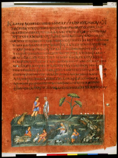 Página inteira: texto e miniatura: Jacob e Labão dividindo os rebanhos (miniatura) de Syrian School