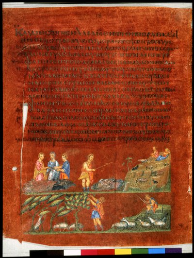 Página inteira: texto e miniatura: Labão entrega a ovelha negra aos seus filhos (miniatura) de Syrian School