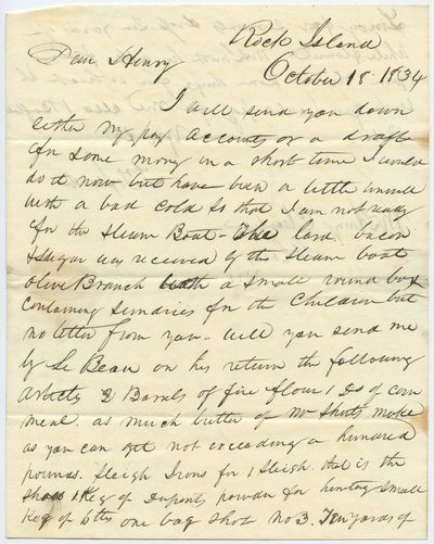 Carta assinada por T.F. Smith, Rock Island, a Henry Chouteau, St. Louis, Mo., 18 de Outubro de 1834 de T.F. Smith