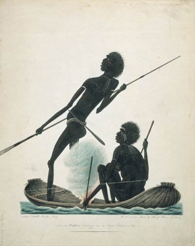 Nativos pescando em uma canoa de casca, 1819 de T.R. Browne