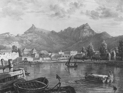 Port Louis, Maurícia, do lado oriental do porto, c.1830 (litografia) de T. (after) Bradshaw