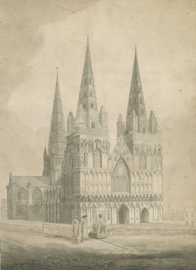 Catedral de Lichfield - frente oeste: desenho em sépia, nd [1782] de T Carter